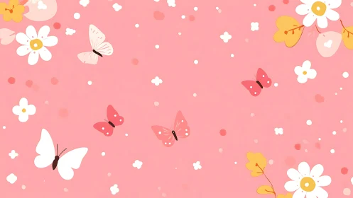 Pink floral pattern with butterflies in scattered layout.
