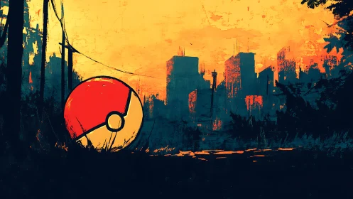 Sunset city ruins with a lonely red and white adventure sphere.