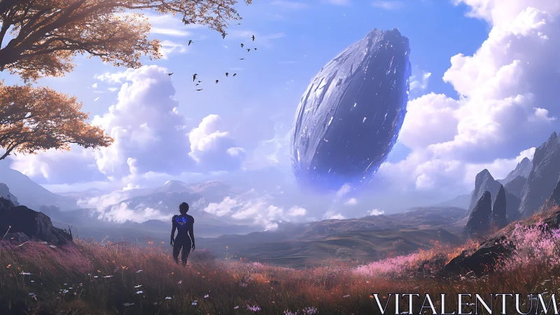 Autonomous observer under levitating alien megastructure horizon.