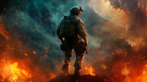 Backlit combat trooper amid bidirectional wildfire plume field.