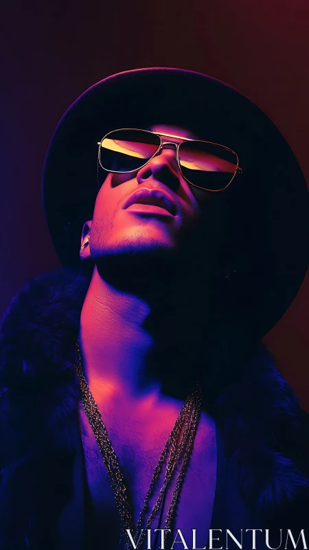 Stylish man in neon lighting wearing hat and reflective shades