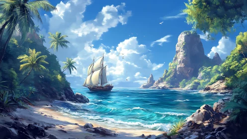 Tropical Cove with Anchored Sailing Vessel and Limestone Formations