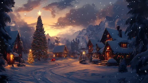 Snowy village street with large decorated Christmas tree.