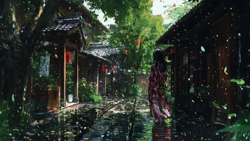 Rain slick alleyway frames kimono clad figure under diffuse foliage light