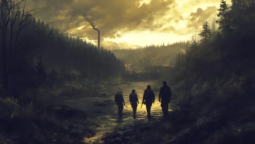 Four figures crossing shallow river toward distant bridge.