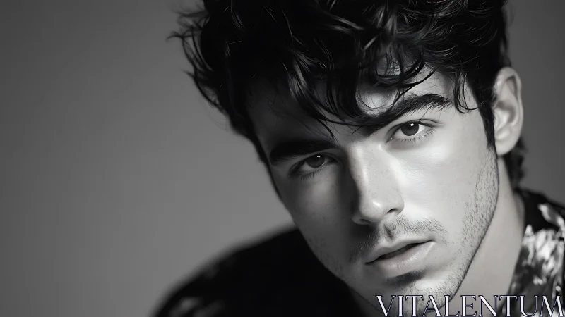 Monochrome close-up portrait of young male subject face.