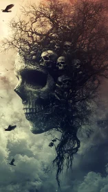 Surreal skull-tree amalgam in atmospheric digital painting.