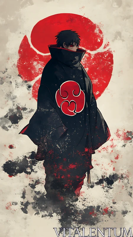 Cloaked shinobi silhouette before distressed red sun emblem