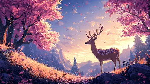 Digital painting of stag under blossom trees at sunset.