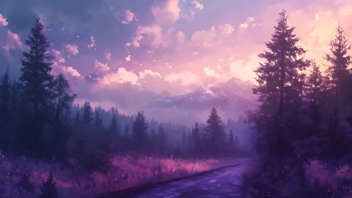 Mountain Valley at Twilight: Ethereal Pink Sky Over Misty Forest Road