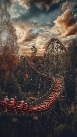 Stormy sky coaster ride curling through autumn woods.