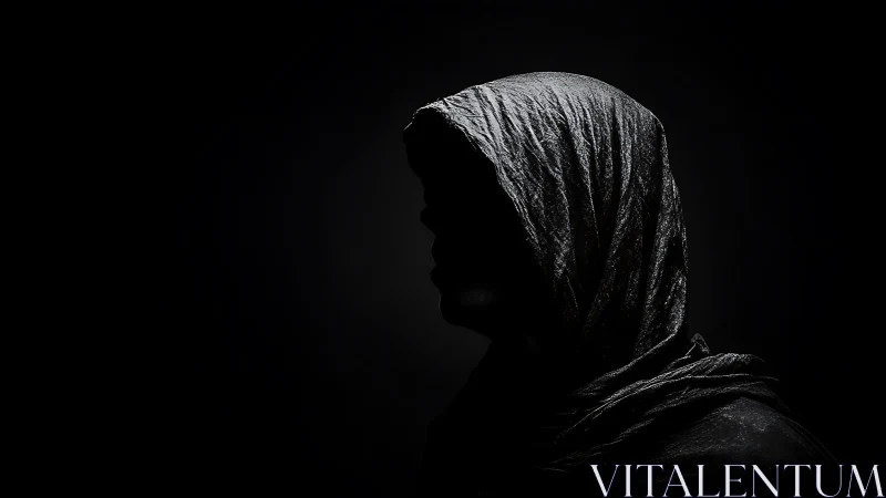 Silhouetted hooded figure in low key side profile lighting.