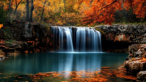 Serene waterfall pours into a still pool beneath autumn trees