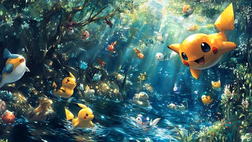 Pokemon characters float and swim through a sunlit forest stream