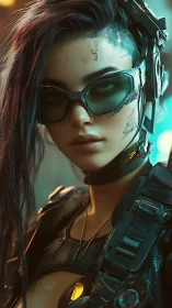 Cyberpunk sniper stares through neon haze with chrome augments.