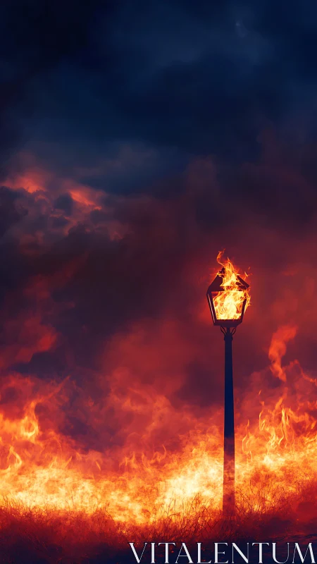 Solitary Torch Engulfed by Inferno Against Darkening Storm.