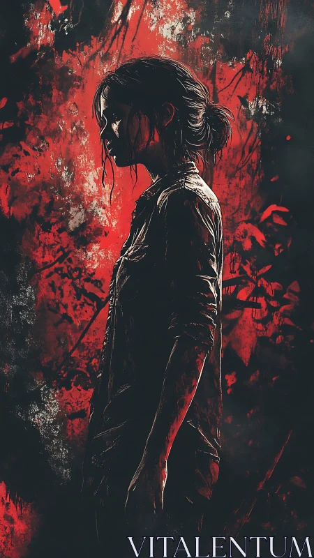 Side profile of solitary woman against red abstract field.