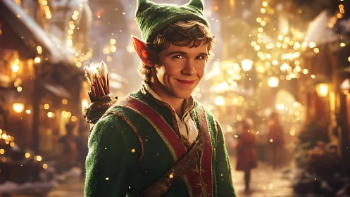Smiling Christmas elf stands in glowing winter market street