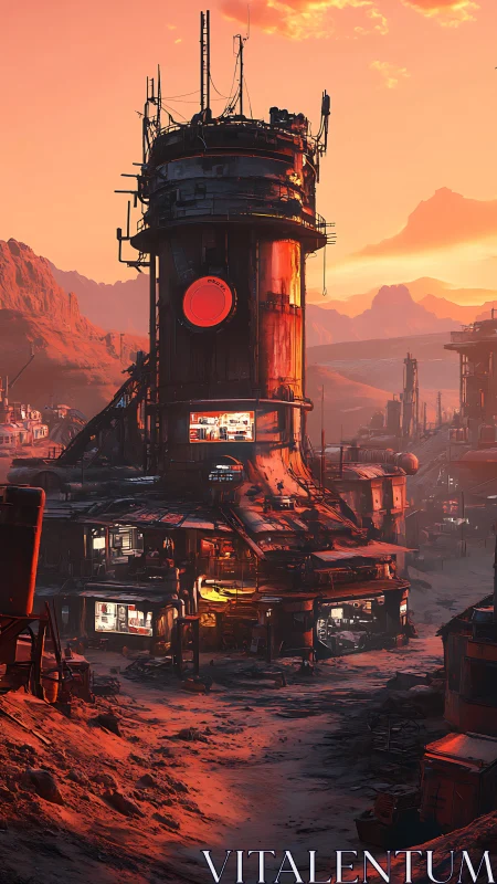 Sunset outpost tower dominating a dusty Martian frontier.