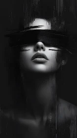 Blindfolded monochrome portrait with abstract paint strokes.
