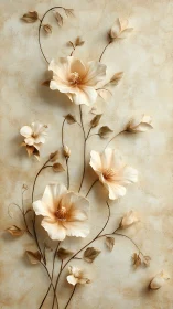 Cream blossoms climb a textured wall in elegant relief.