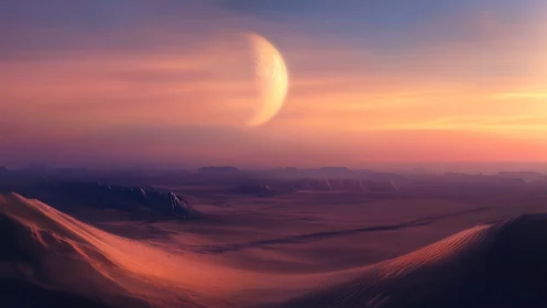 Alien desert horizon under giant pale planet at dusk.
