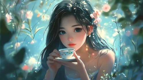 Gentle garden dream as a young woman savors quiet tea