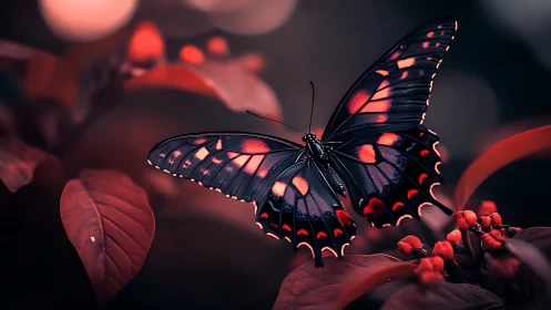 Crimson dusk butterfly poised on ruby leaves in dreamlight.