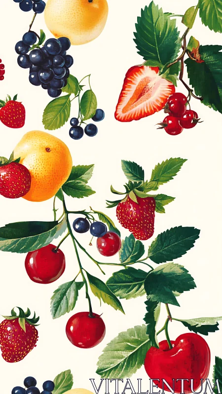 High-saturation botanical fruit pattern with detailed foliage clustering.