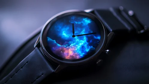 Photorealistic wristwatch with cosmic nebula dial design.