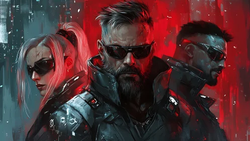 Cyberpunk mercenary trio stands under red neon glow