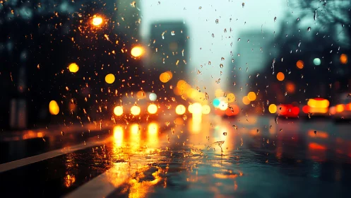 Rain-covered window overlooks blurred city traffic lights