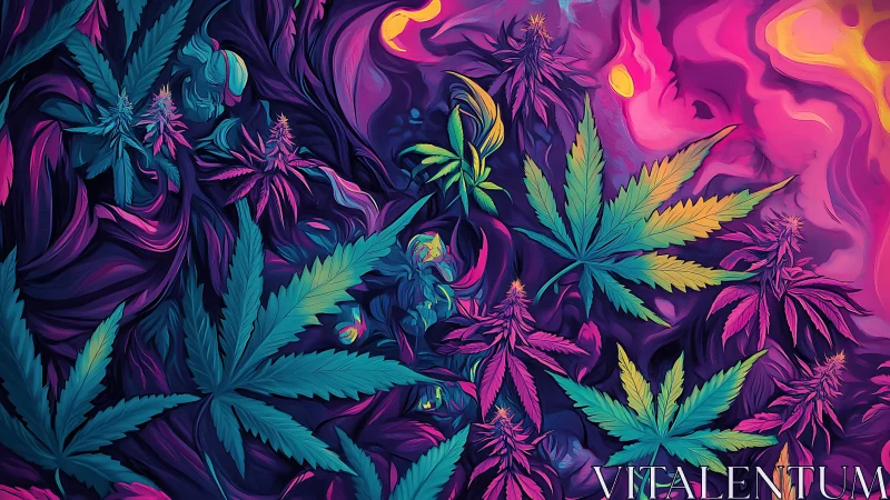 Luminous neon leaves drifting through a dreamy twilight garden.