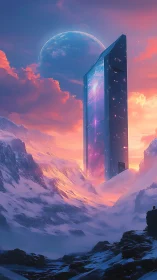 Celestial gateway tower rising from neon dusk glaciers.