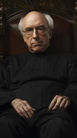 Stoic elder judge rests in solemn, shadowed authority