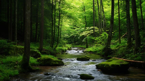 Lush Forest Stream Flows Through Moss-Covered Rock Sanctuary