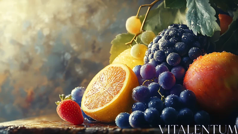 High-contrast still life of dewy assorted fruits with bokeh light