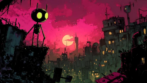 Neon-eyed robot overlooking dystopian cyberpunk cityscape.