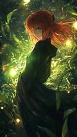 Red haired girl in glowing green forest at night.