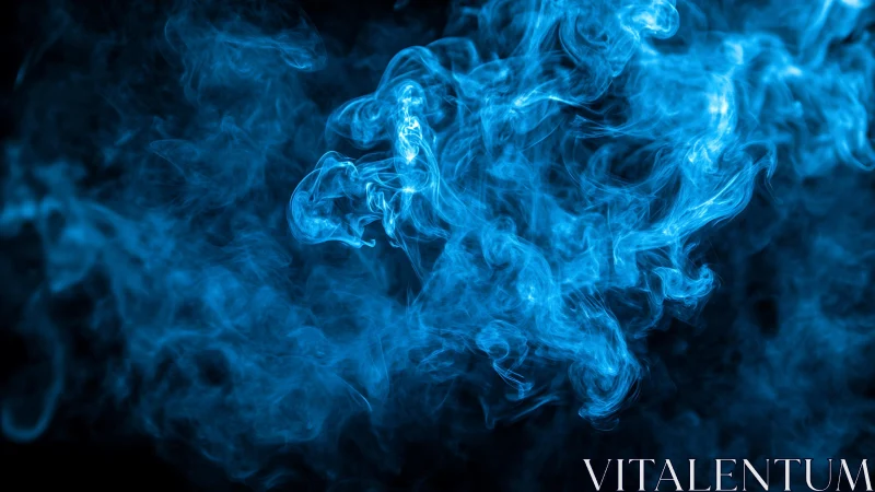 Abstract swirling blue smoke on black background, digital art style.