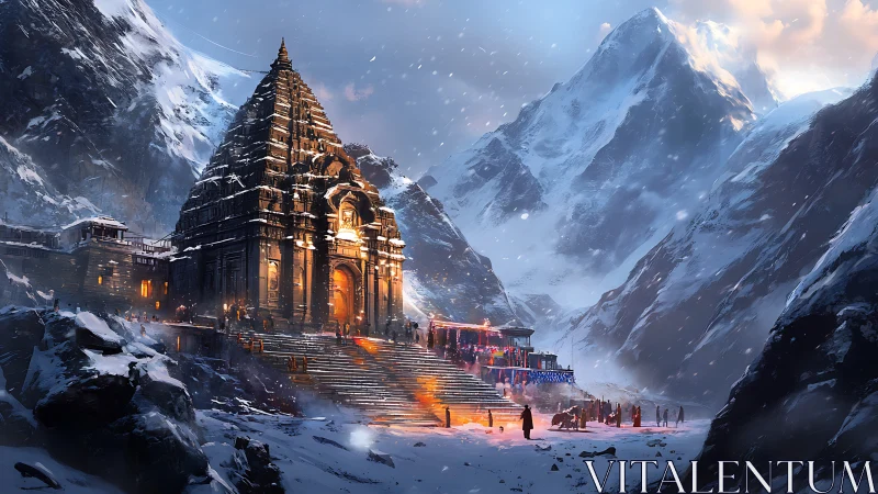 Snowbound mountain temple illuminated at twilight ceremony.