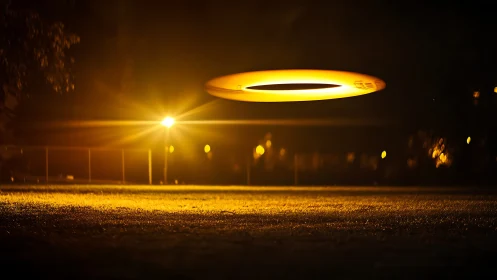 Flying disc captured midair over illuminated night field.