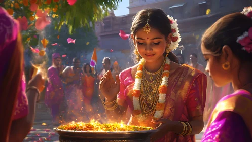 Young Woman in Traditional Attire Celebrating Indian Festival Outdoors.