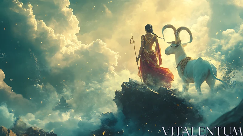 Dawn journey with celestial goat and sky-wrapped guardian.