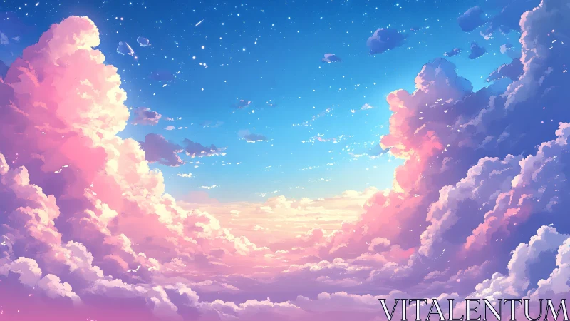 Dreamy pastel clouds drift beneath a tranquil starlit sky