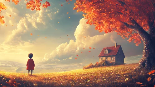 Autumn field vista with child, cottage, and volumetric clouds.