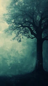 Solitary silhouette tree emerges from atmospheric teal mist
