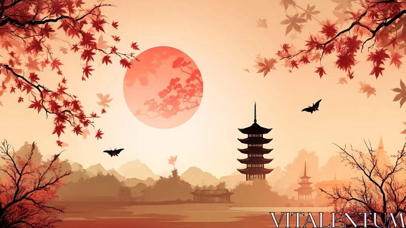 Crimson maple pagoda sunset over tranquil misty lake.