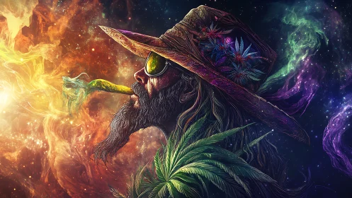 Cosmic wanderer exhales neon smoke in a trippy galaxy dream