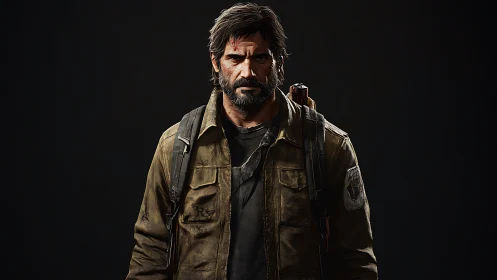 Weathered survivor in tactical jacket under moody light.